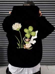 Sudadera con patrón de banda en el panel trasero, trébol de la suerte, impresión creativa de elfo de cuento de hadas, sudadera de moda para hombres, estilo casual y moderno, sudadera de otoño - Negro - Ver 6