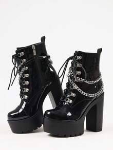 Y2K Gothic Platform Ankle Boots For Women Fashion Block Chunky High Heels Punk Chain Decoration Lace-Up Side Zipper Party Cosplay Boots Woman - Bằng sáng chế đen - Xem 7