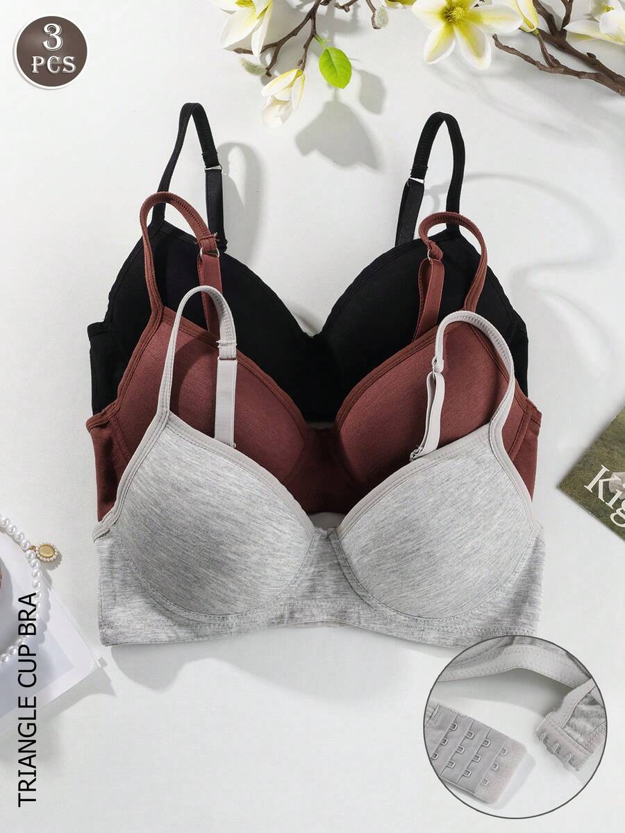 3Pcs Solid Seamless Push Up Bras --Three-Breasted Adjustable Shoulder Straps Underwire Bras - Multicolor - View 1