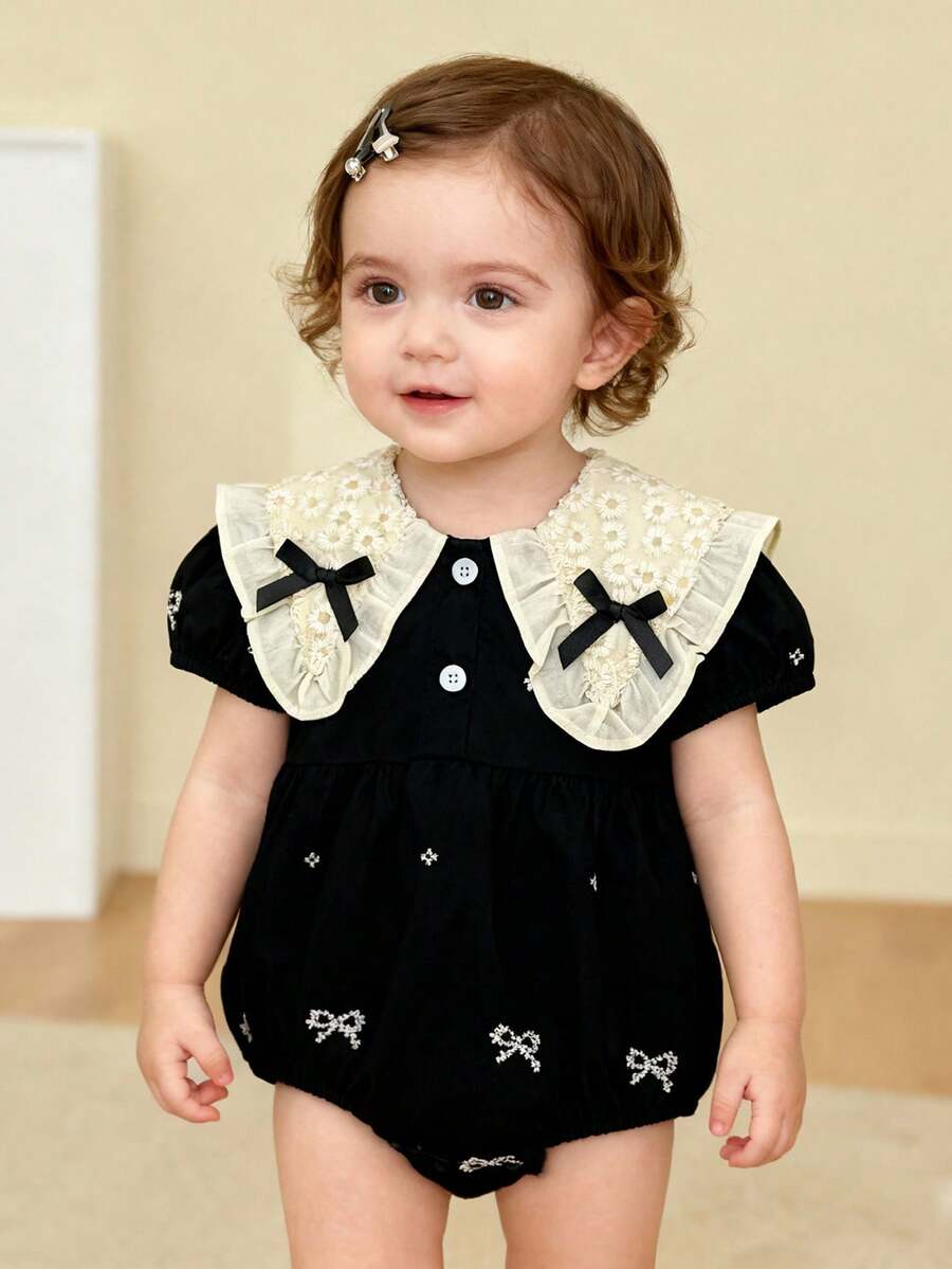 Newborn Baby Girls' Summer Embroidered Lace Bodysuit With Sweet Bowknot Design