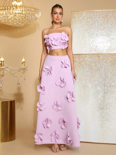 Set de 2 piezas: Top sin tirantes con decoración floral 3D + Falda acampanada, Sexy hombros descubiertos, Elegante conjunto floral de 2 piezas, Adecuado para invitados de boda, damas de honor, fiesta, vestido de noche formal