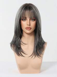 18-Inch Elegant Grey Long Curly Wig With Highlights And Bangs - Dark Roots To Light Tips Synthetic Hair Wigs For Women Daily Party Holiday Travel - 灰色 - 查看 2