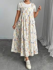 Women's Plus Size Overall Dress Tie Up Straps Floral Print Loose A-Line Suspender Dress Casual Cute Bib Dress - 白色 - 查看 4