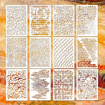 12件套现代几何背景图案，适用于壁画、画框、手绘、艺术创作，防水模板，可用于纹身和人体彩绘，柔韧性好，经久耐用，坚固的家居装饰工艺模板，适用于木材、画布、纸张、织物、地板、书籍、画框、墙壁、家具、玻璃等。
