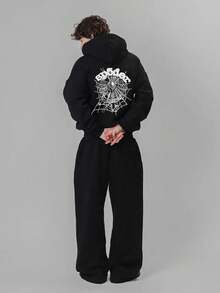 Men's Y2K Spider Web & Letter Graphic Back Print Hoodie, Goth Streetwear Pullover, Grunge Hoodie Men, Hip Hop Hoodie, Halloween Clothes, Black Hoodie, Hoodies Graphic, Men's Clothing, Sweatshirts For Men, Men Fall Clothes, Winter Clothes For Men, Sudaderas Para Hombre - màu đen - Xem 3