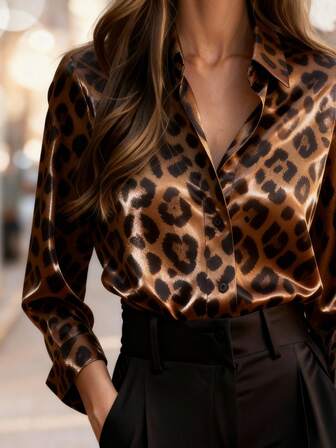 JOVI SHEEN Fashionable And Elegant Front-Buttoned Women's Clothing, Leopard Print, Satin Autumn And Winter Shirt Tops, Office Shirts, Ladies' Shirts