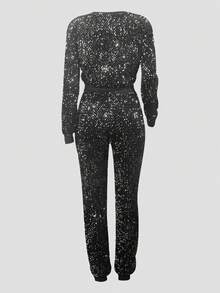 耀眼的女士亮片装饰两件套服装，长袖圆领上衣搭配修身长裤，适合派对，女士圣诞奢华套装，长袖圆领上衣，及踝长裤，圣诞节女装，万圣节服装，女士冬装，女士秋装 - 銀色 - 查看 3