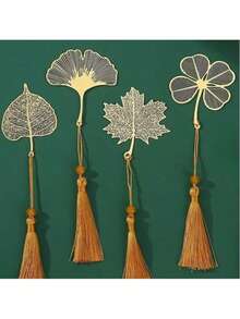 4pcs/1pc Metal Leaf & Flower Bookmarks, Bookmark Set, Maple Leaf, Four-Leaf Clover, Lotus, Ginkgo Leaf Bookmarks With Pendant Chain, Suitable For Book Lovers, Writers, Readers, Birthday, Graduation, Holiday, Valentine's Day, Wedding, Back To School, Teacher Supplies, Bible, Study Supplies, Christmas Gifts - Gold - View 11
