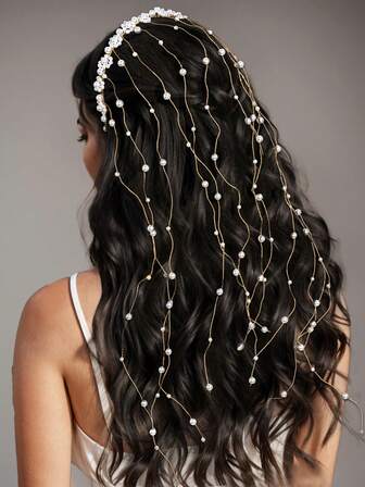 1pc Elegant Pearl Long Tassel Bridal Wedding Headband, Women Hair Accessory Suitable For Daily, Party, Photography, Celebration, Festival