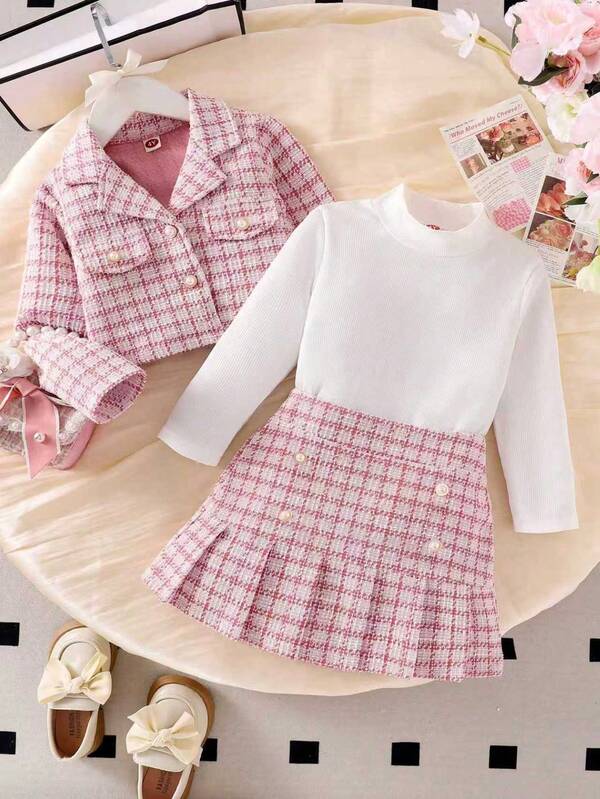 3pcs Young Girl Elegant School Style Floral Print Long Sleeve Coat, Blouse, Pleated Skirt Set, Spring And Autumn