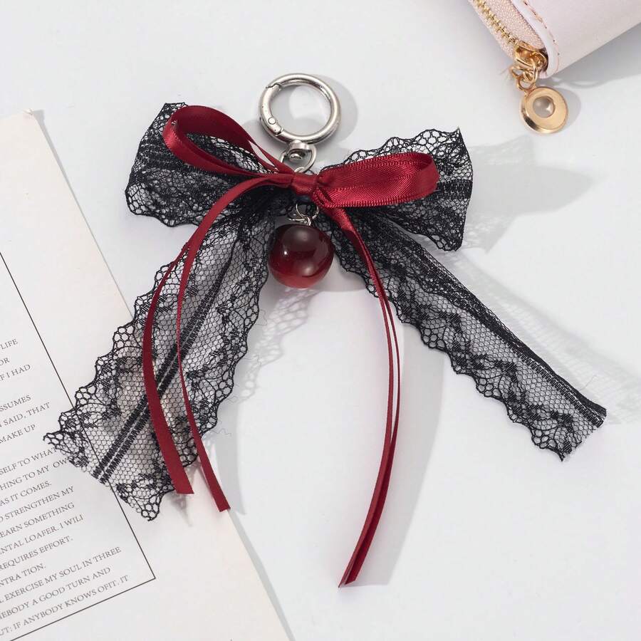 1PC New Fashionable Sweet And Cool Style Hollowed-Out Lace Bow Ribbon Cherry Pendant Keychain Bag Charm - 1 - View 1