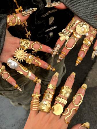 20/14/10/6件套多层可叠戴复古硬币戒指，款式包括厚实/优雅的花朵、几何图案、结饰、海星、太阳、仿珍珠、褶皱、不规则纹理、镂空圆圈、心形、串珠等，简约时尚，设计优雅复古，适合节日、派对、约会、送礼及日常佩戴。