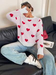 Plus Size Heart Pattern Color Block Simple Casual Pullover Sweater