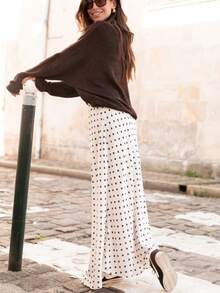 Women's Elegant Polka Dot Skirt Elasticized Waistband Flowy Maxi Satin Skirt - trắng - Xem 3