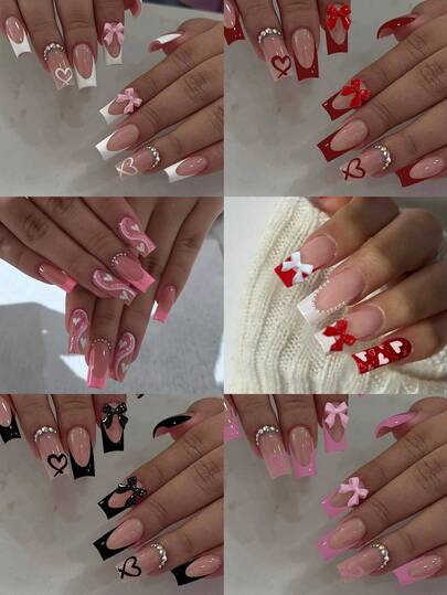 144 piezas (6 estilos mixtos) Pegatinas de uñas con lentejuelas rectangulares y en forma de corazón, punta francesa, tamaño mediano, ajuste perfecto, set de uñas postizas acrílicas, incluye 1 botella de esmalte de gel y 1 lima de uñas, adecuado para manicura de San Valentín y manicura francesa, ideal para mujeres, niñas, trabajo diario, vacaciones y fiestas, suministros de uñas, uñas postizas hechas a mano