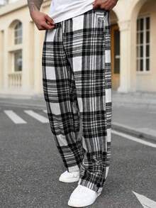 250克重磅针织男士休闲裤，黑白格子图案，弹性抽绳腰带，宽松百搭