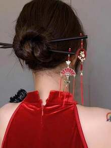 18厘米中国风红色锌合金扇形吊坠发夹，适合多种发型，可用作女性发饰或胸针，头部饰品，女士发饰 - 彩色 - 查看 9