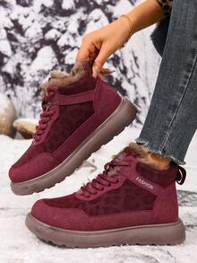 2025 Women's Winter Mid-Calf Snow Boots, Mid-Calf Thick Warm Lace-Up Boots, Leopard Print Design American Style Outdoor Sports Boots, Anti-Slip Wear-Resistant Cold-Proof Snow Boots - Jujube Red - View 4