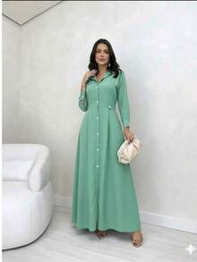 Women's Ely Sensorial Long Dress With High Neck And Long Sleeves, Chic, Tailored, , For Evangelical And New Year's Eve Parties. - 薄荷綠 - 查看 2