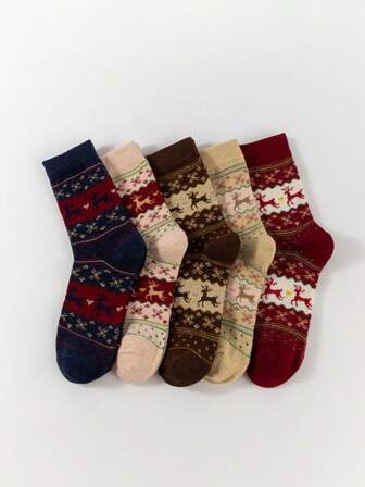 5 Pairs Autumn/Winter Wool Blend Soft Jacquard Pattern Socks