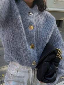 Women's New Simple Solid Color Soft Fuzzy Knit Cardigan - Dusty Purple - View 1