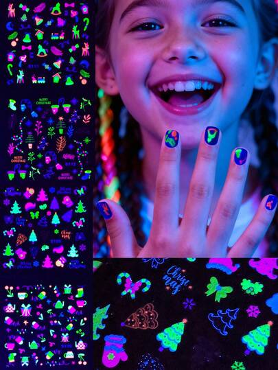 4张圣诞主题儿童美甲贴纸，可爱荧光圣诞树圣诞老人圣诞礼物图案，适合作为儿童DIY美甲饰品的节日礼物