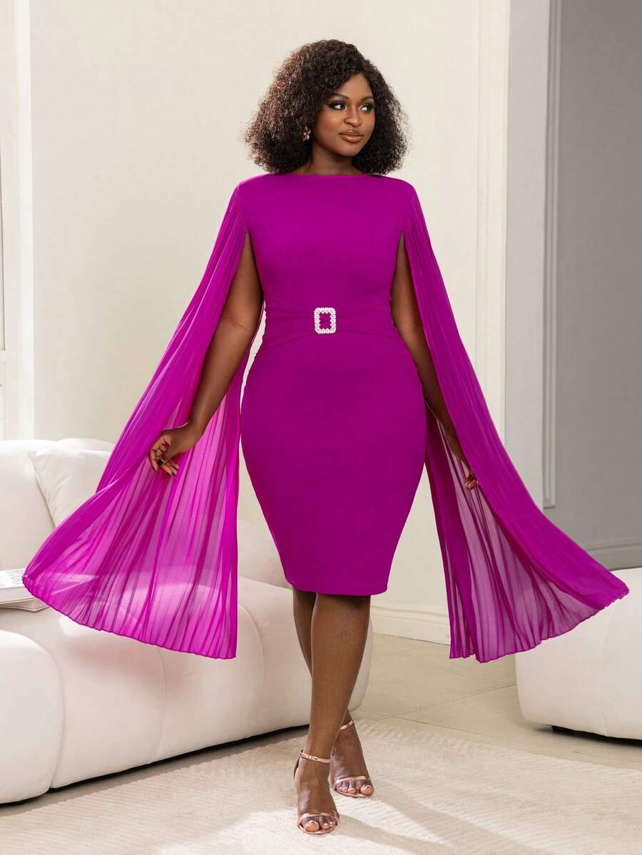 Faeriesty Elegant Mid-Length Party Dress With Ruffle Dolman Sleeves And Square Decor Waistband, Perfect For Formal Dinners, Weddings, Galas And Upscale Soirees