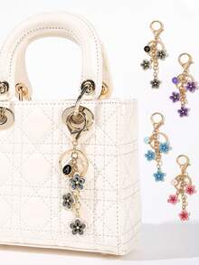 1pc Gold-Tone Alloy Colorful Floral Letter Keychain - Enamel Flowers, Multi-Color (Gray/Black, Purple, Blue, Pink), Gold Chain, Letter Pendant (A), Luxury Accessory, Enamel Craft, Bag/Wallet Charm, Cute & Fashionable For Girls/Students, Minimalist Style For Outings, Women's Gift, Girlfriend/Birthday/Christmas Gift