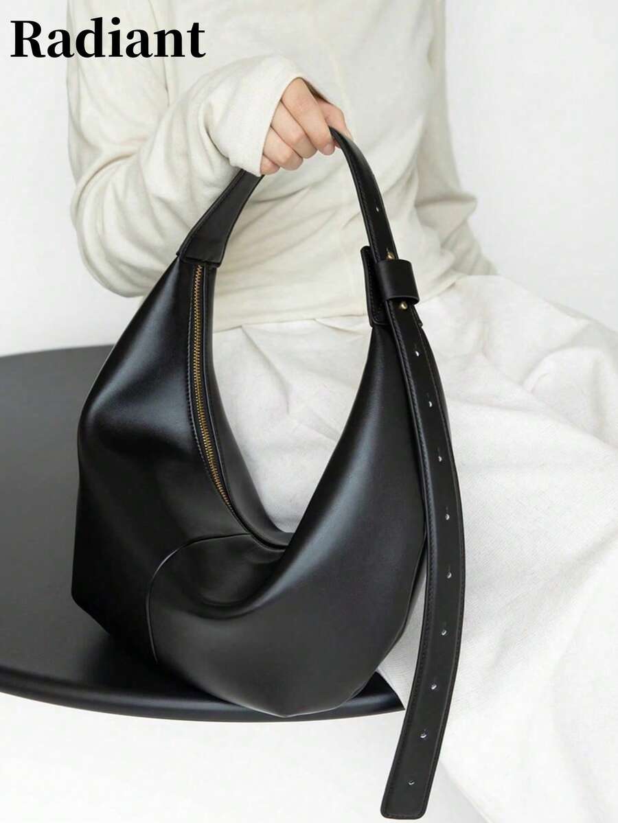 女士时尚小众设计饺子包腋下包通勤包手提单肩斜挎包大容量黑色包包度假旅行夏季 - 黑色 - 查看 1