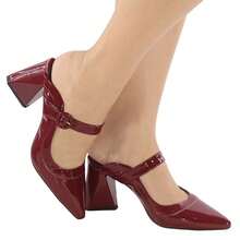 Sandália Feminina Tamanco Bico Fino Mule Salto Bloco Médio 7,5 Calce Fácil Verniz Confortável