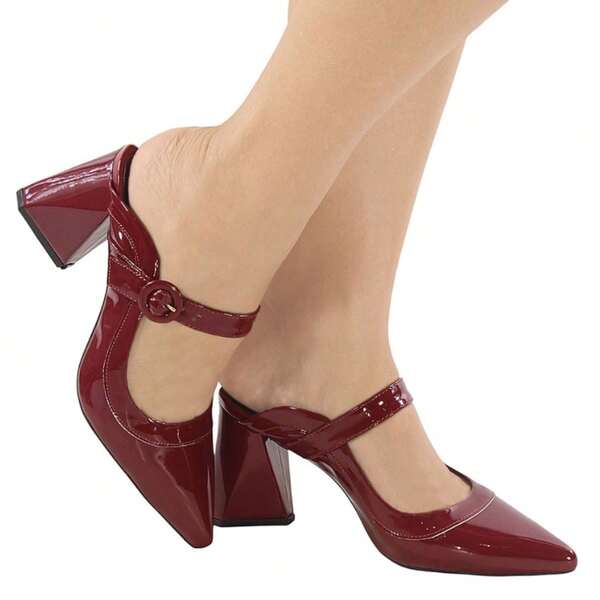 Sandália Feminina Tamanco Bico Fino Mule Salto Bloco Médio 7,5 Calce Fácil Verniz Confortável