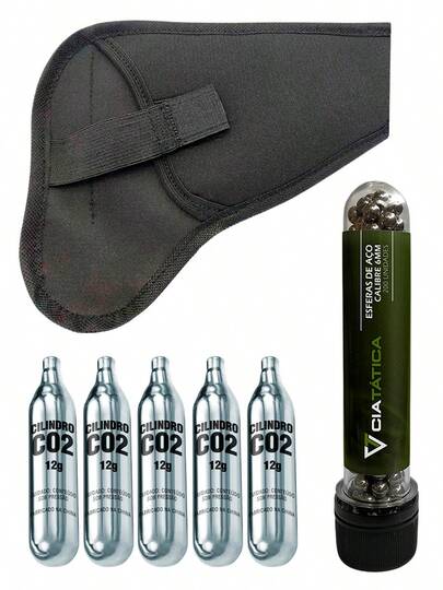 Kit 05 Cilindros de Co2 12g + 200 Esferas de Aço 6mm + Coldre Neoprene
