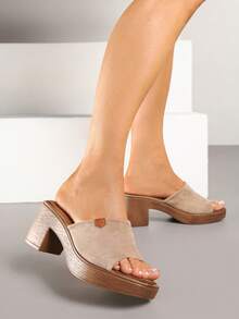 Soft Suede Platform Slides For Women - Summer Casual - Khaki - View 2
