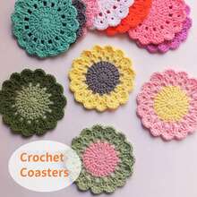 Handmade Crochet Pink Flower Coaster Set – 4 Pcs Soft Round Coffee Drink Mats With Flowerpot Holder, Funny Decorative Home Bar Desk Table Placemat For Housewarming / New Home / Kitchen & Wedding