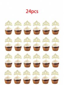24个金色皇冠蛋糕装饰插牌，闪亮女王皇冠纸杯蛋糕插签，适用于女王/公主主题蛋糕、婚礼、生日派对、性别揭晓蛋糕装饰 - 金色 - 查看 10