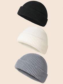 3pcs/Set Men's Fashionable Solid Color Beanie Hats, Knitted Warm Casual Hats Suitable For Autumn/Winter