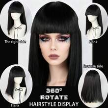 باروكة سوداء مستقيمة متوسطة الطول على الطراز المصري مع إكسسوارات رأس الثعبان للأزياء والاحتفالات، باروكة ملكة ذات طابع رجعي، باروكة سينتيتيك مستقيمة سوداء بطول 18 بوصة مع غرة مسطحة مناسبة للأعياد والكرنفالات والحفلات الموسيقية والتصوير الفوتوغرافي وكوميك كون وعيد الميلاد ورأس السنة، مظهر طبيعي، مناسبة للمبتدئين - الأسود - مشاهدة 8