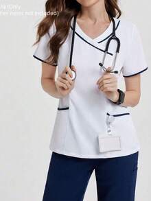 قميص كاجوال بياقة على شكل حرف V وأكمام قصيرة مع تريم متباين، متعدد الجيوب مناسب لصالون التجميل ومتجر الحيوانات الأليفة والموضة والعمل اليومي - أبيض - مشاهدة 1