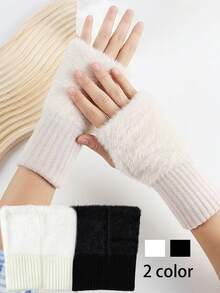 2 Pairs Women's Warm Winter Faux Fur Knitted Fingerless Gloves - Windproof, Cute & Versatile For Office, Cycling & Daily Wear - Multicolor - View 8