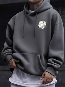 Men's Casual Fashionable Versatile Daily Commute Letter Graphic Print Kangaroo Pocket Drawstring Hoodie, Autumn/Winter