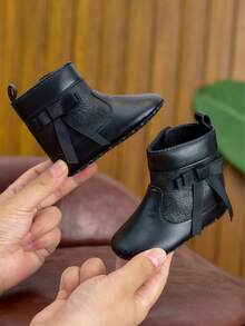 0-1 Year Old Baby Girls Soft Sole High Top Boots, Fashion Bow Decor Toddler Walking Shoes, Solid Color Side Hook And Loop Closure, For Indoor & Outdoor Wear, Autumn/Winter - Black - View 9