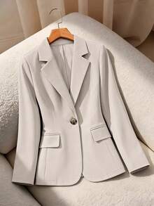 HUTENER 女士薄款西装外套，适合春秋季穿着，纯色纽扣假口袋翻领优雅西装/常规外套，简约女士西装外套，适合通勤/商务/办公/返校/毕业季等场合。 - 杏色 - 查看 6