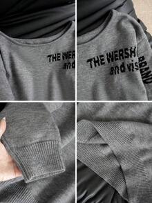Cute Asymmetrical Shoulder Sexy Letter Pattern Grey Loose Casual Long Sleeve Warm & Comfortable Women Sweater Fall - Grey - View 7