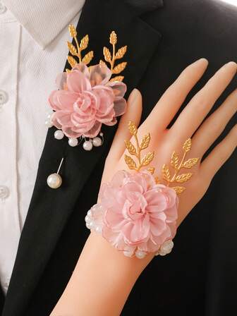 1朵胸花+1朵腕花，粉色山茶花，饰有串珠，新娘胸花，伴娘腕花，婚礼派对，舞会，日常配饰