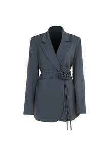 Chaqueta de blazer ajustada con decoración floral 3D desmontable y elegante de color gris sólido, adecuada para salidas diarias, viajes al trabajo, el Día de San Valentín, Navidad, Ramadán y otras festividades - Gris - Ver 7