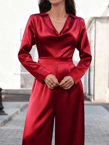 Women's Christmas Party Jumpsuit,Wedding Jumpsuit, Elegant Plunge Neck Fitted Satin BurgundyJumpsuit Fall Cloth For Women