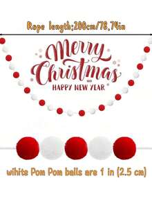 2 pièces Guirlande de boules Pom Pom de 2 mètres, Guirlande de Noël rouge, Décoration de sapin de Noël, Guirlande de boules de feutre de Noël pour la décoration de la maison, la classe, la cheminée, le mur, la fête, l'anniversaire. Décoration de Noël pour la maison, vert et blanc.