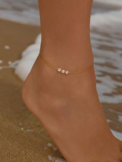 1Pc 925 Sterling Silver Classic Simple Single Layer Adjustable Cubic Zirconia Connected Splicing Anklet For Women Daily Party Anniversary Wear