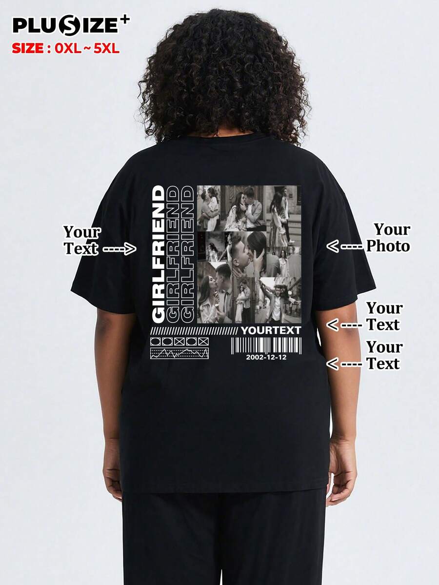 Customized Plus Size Round Neck Pet Memorial T-Shirt, Can Print Dog And Cat Patterns, Women's Casual T-Shirt - Can Add Your Photos (Selfie/Photo/Friend Photo/Lover Photo/Boyfriend Photo/Couple Logo/Boyfriend Custom). You Can Also Customize T-Shirts With Text To Celebrate Father's Day And Mother's Day. - Black - View 1