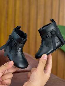 0-1 Year Old Baby Girls Soft Sole High Top Boots, Fashion Bow Decor Toddler Walking Shoes, Solid Color Side Hook And Loop Closure, For Indoor & Outdoor Wear, Autumn/Winter - Black - View 3